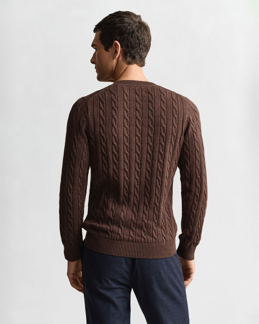 baumwoll-zopfstrickpullover mit rundhalsausschnitt – braunmeliert