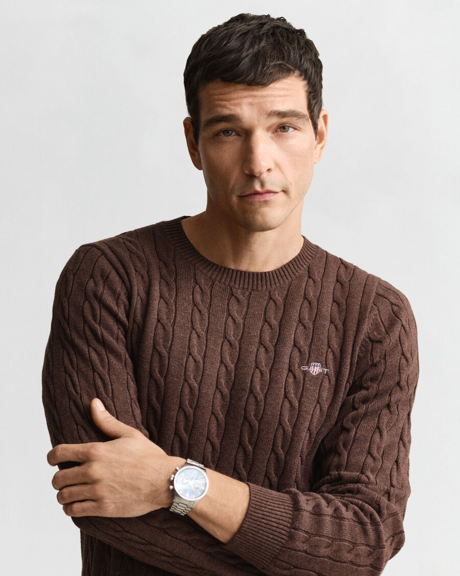 baumwoll-zopfstrickpullover mit rundhalsausschnitt – braunmeliert