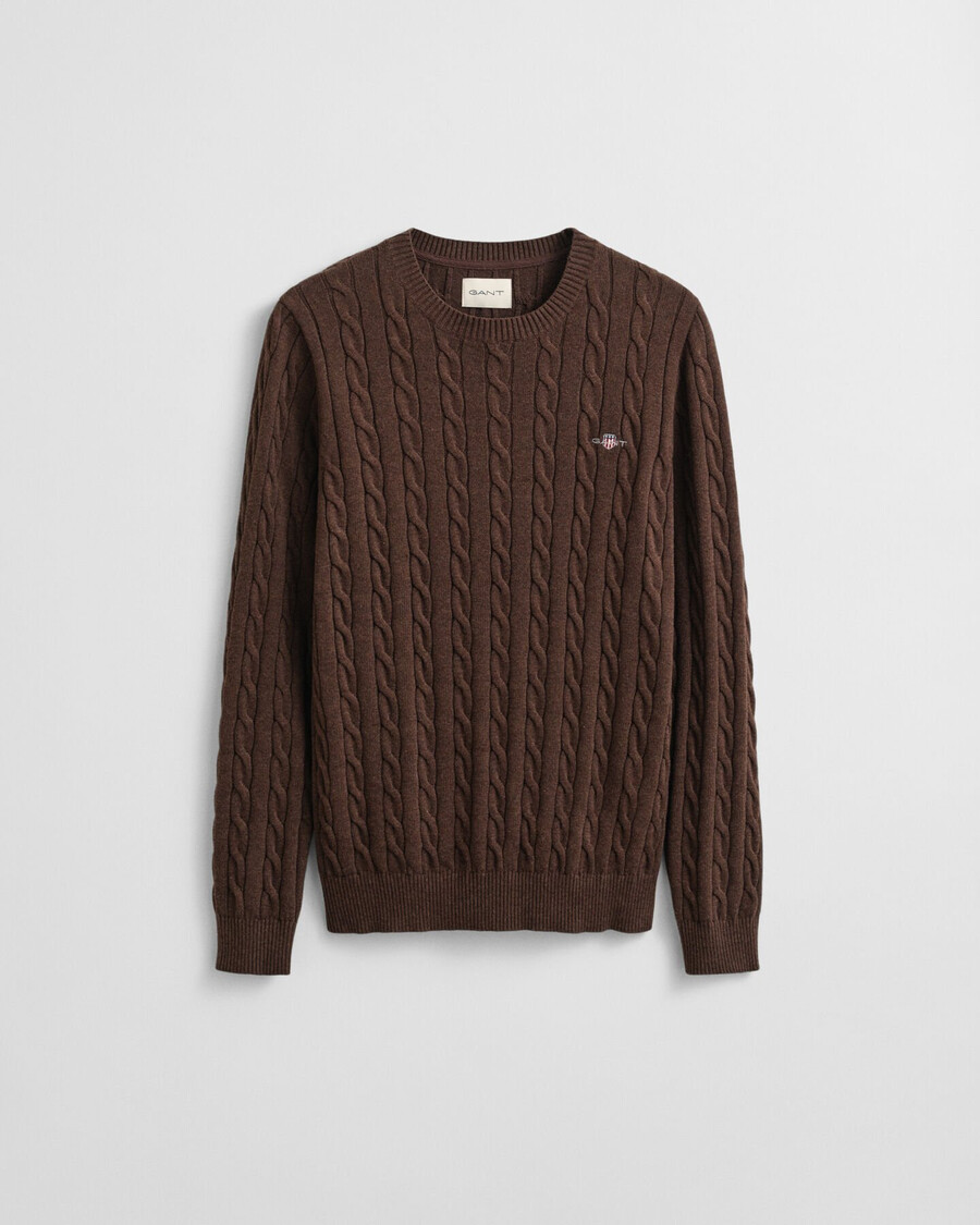 baumwoll-zopfstrickpullover mit rundhalsausschnitt – braunmeliert