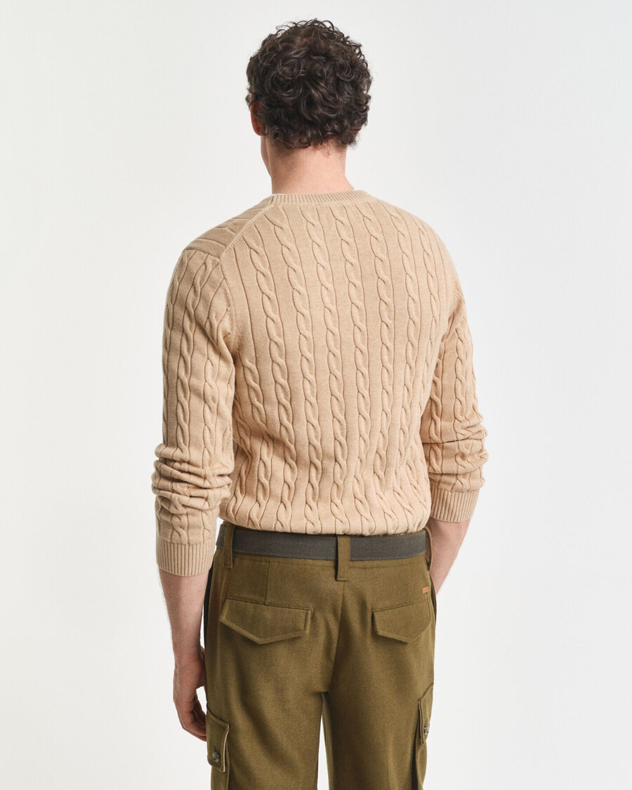baumwoll-zopfstrickpullover mit rundhalsausschnitt – khaki-melange