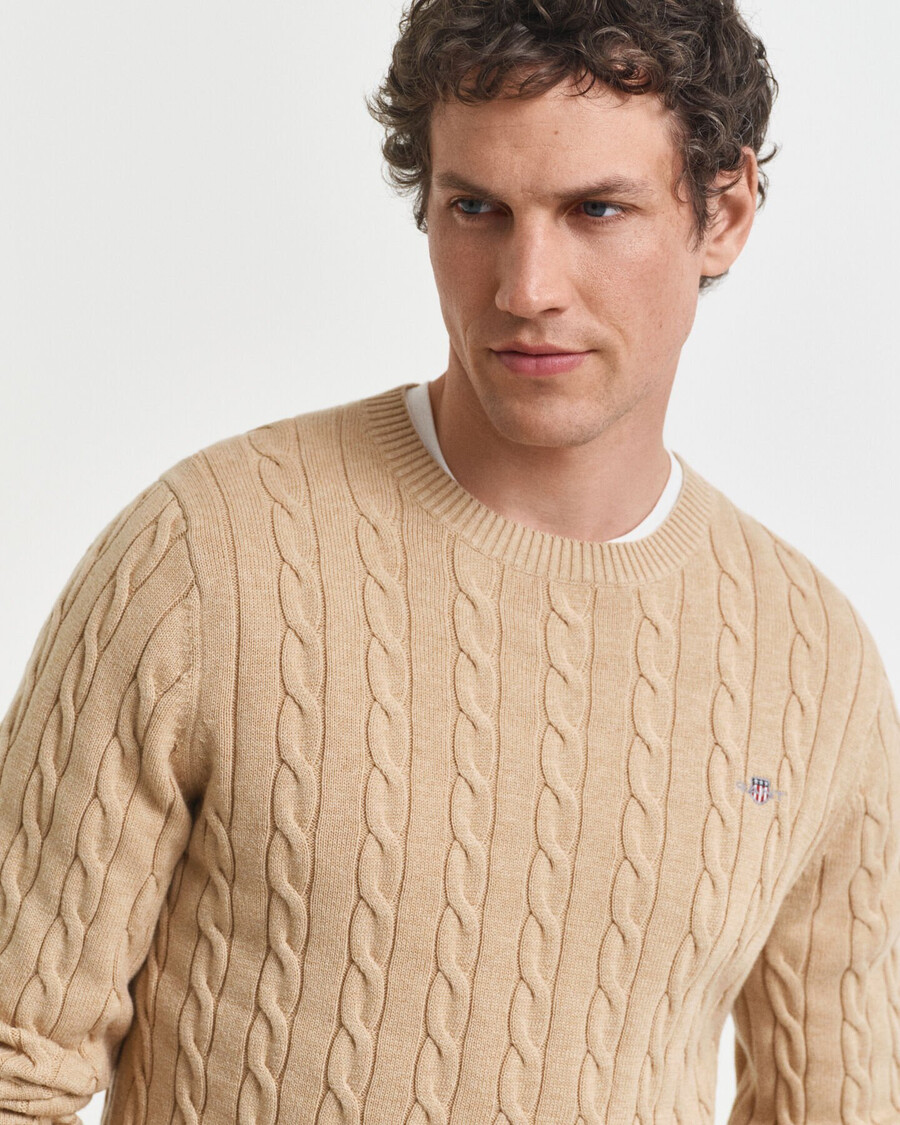 baumwoll-zopfstrickpullover mit rundhalsausschnitt – khaki-melange