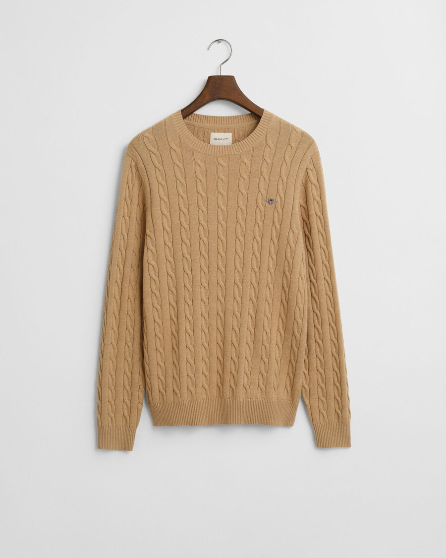 baumwoll-zopfstrickpullover mit rundhalsausschnitt – khaki-melange