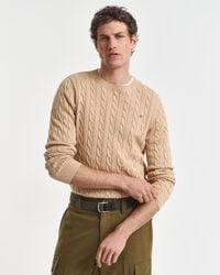baumwoll-zopfstrickpullover mit rundhalsausschnitt – khaki-melange