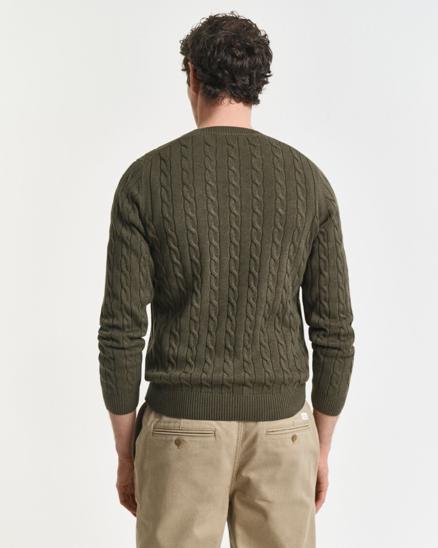 baumwoll-zopfstrickpullover mit rundhalsausschnitt – khakigrün meliert