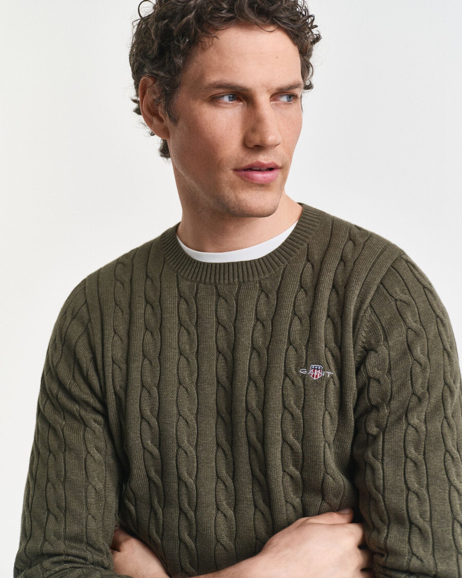 baumwoll-zopfstrickpullover mit rundhalsausschnitt – khakigrün meliert