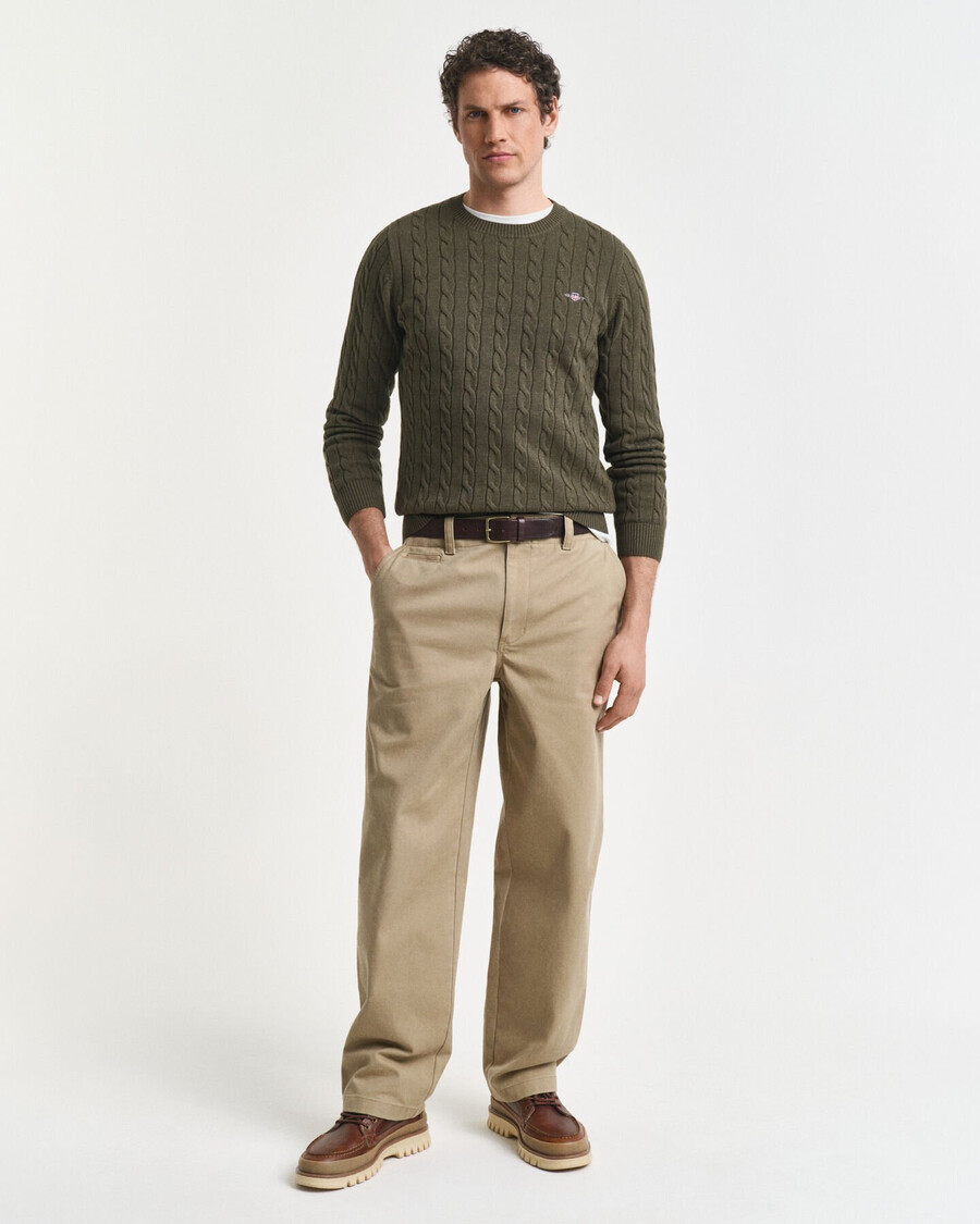baumwoll-zopfstrickpullover mit rundhalsausschnitt – khakigrün meliert