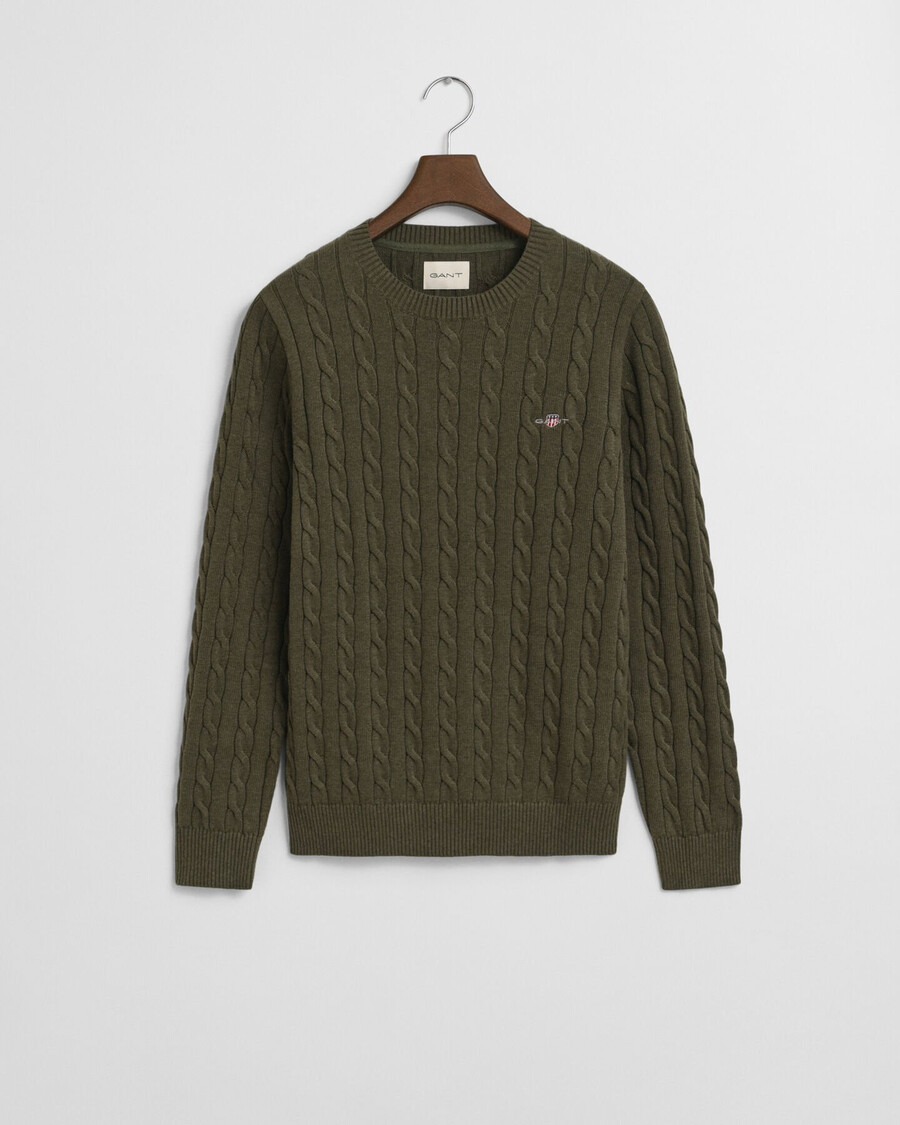 baumwoll-zopfstrickpullover mit rundhalsausschnitt – khakigrün meliert