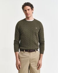 baumwoll-zopfstrickpullover mit rundhalsausschnitt – khakigrün meliert