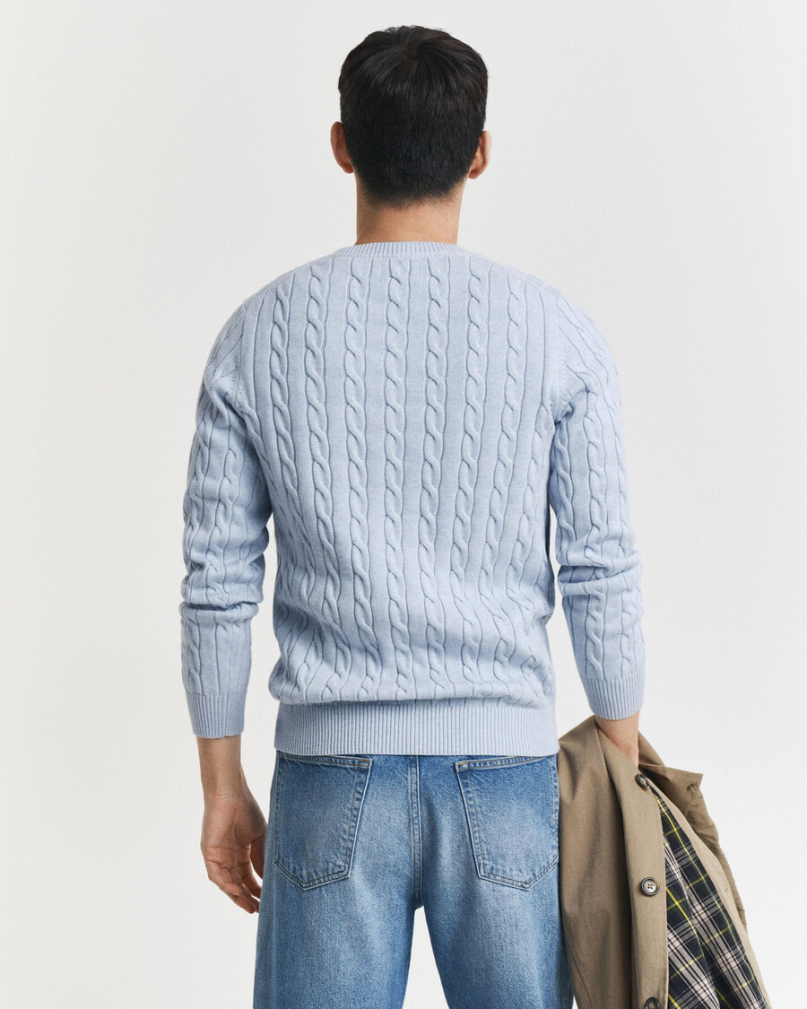 baumwoll-zopfstrickpullover mit rundhalsausschnitt – eisblau meliert