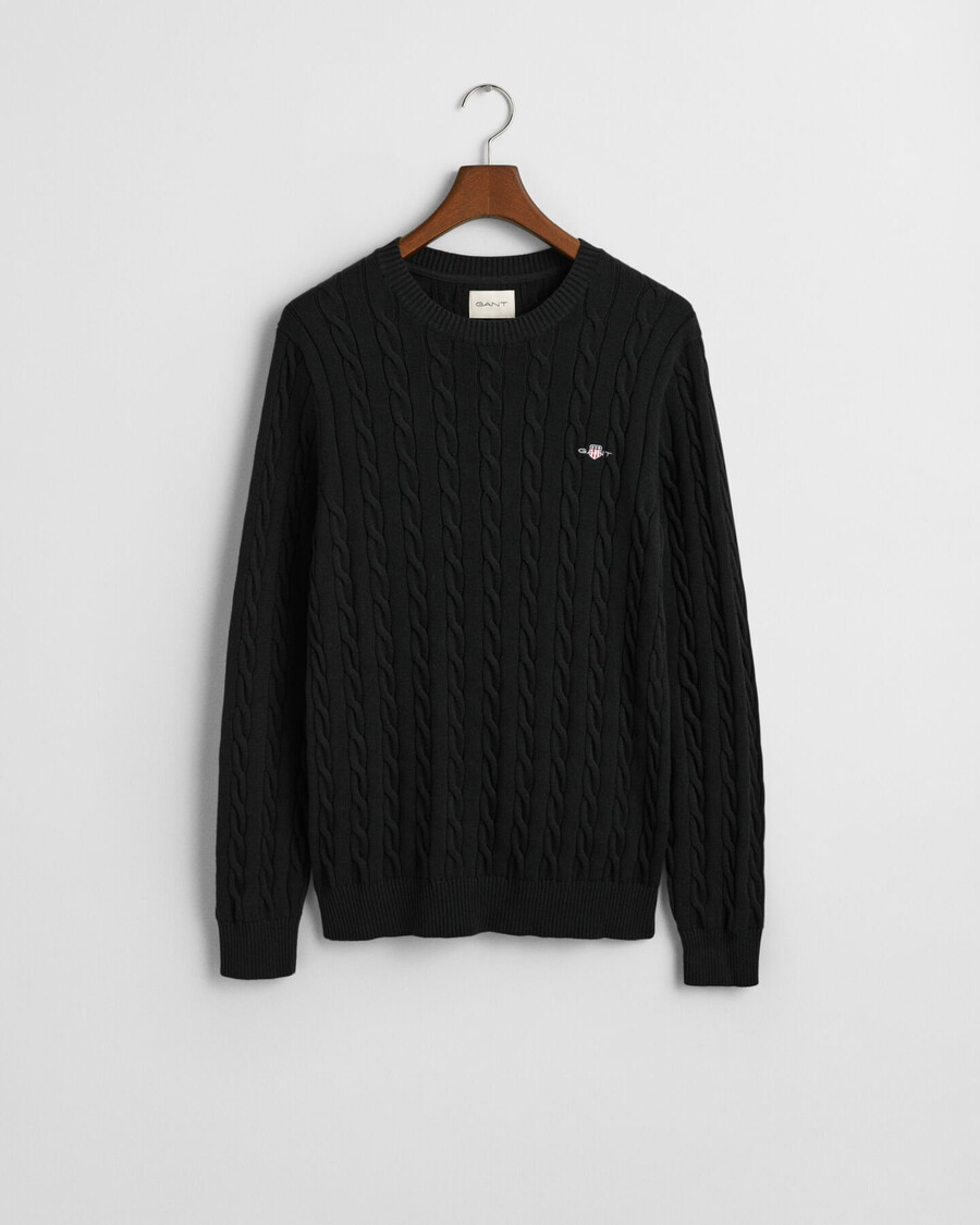 baumwollpullover mit zopfmuster und rundhalsausschnitt – schwarz