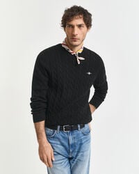 baumwollpullover mit zopfmuster und rundhalsausschnitt – schwarz