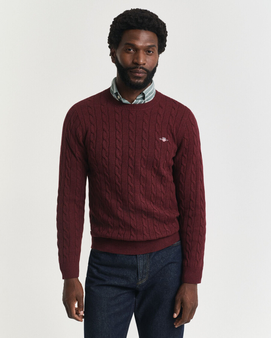 baumwoll-zopfstrickpullover mit rundhalsausschnitt – bordeaux-melange