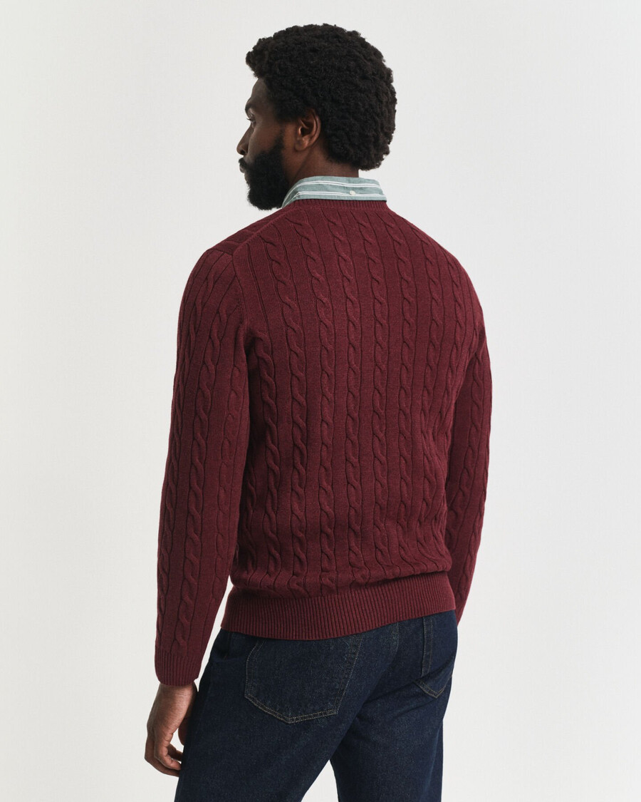 baumwoll-zopfstrickpullover mit rundhalsausschnitt – bordeaux-melange