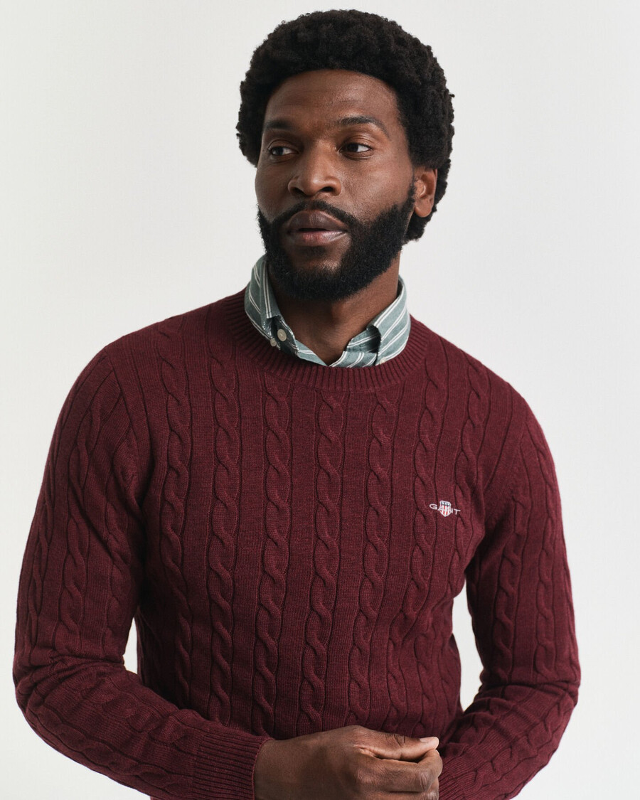 baumwoll-zopfstrickpullover mit rundhalsausschnitt – bordeaux-melange