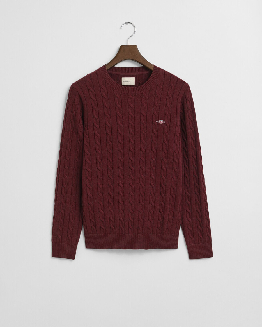 baumwoll-zopfstrickpullover mit rundhalsausschnitt – bordeaux-melange