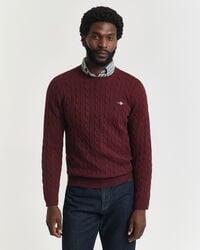 baumwoll-zopfstrickpullover mit rundhalsausschnitt – bordeaux-melange