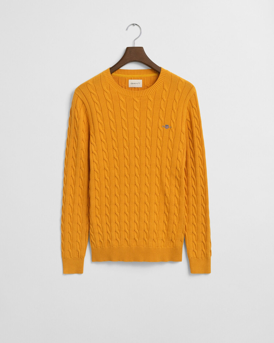 baumwoll-zopfstrickpullover mit rundhalsausschnitt – gelbe flechte