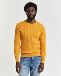 baumwoll-zopfstrickpullover mit rundhalsausschnitt – gelbe flechte