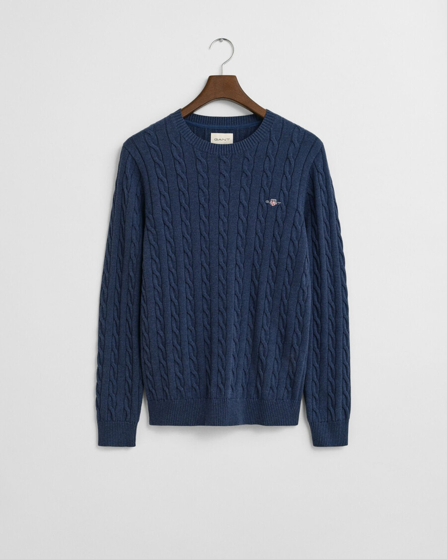 baumwoll-zopfstrickpullover mit rundhalsausschnitt – dunkelblau meliert