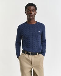 baumwoll-zopfstrickpullover mit rundhalsausschnitt – dunkelblau meliert