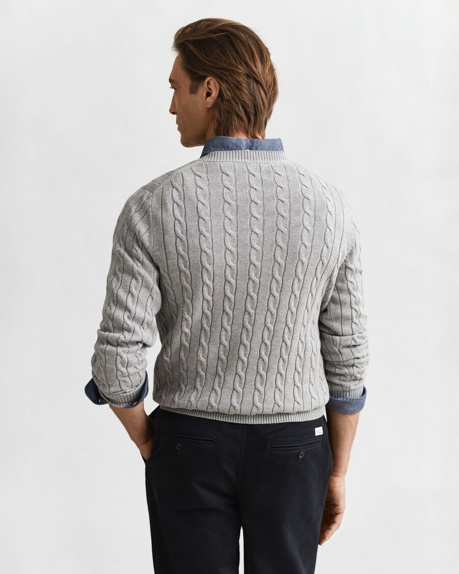 baumwoll-zopfstrickpullover mit rundhalsausschnitt – grau meliert