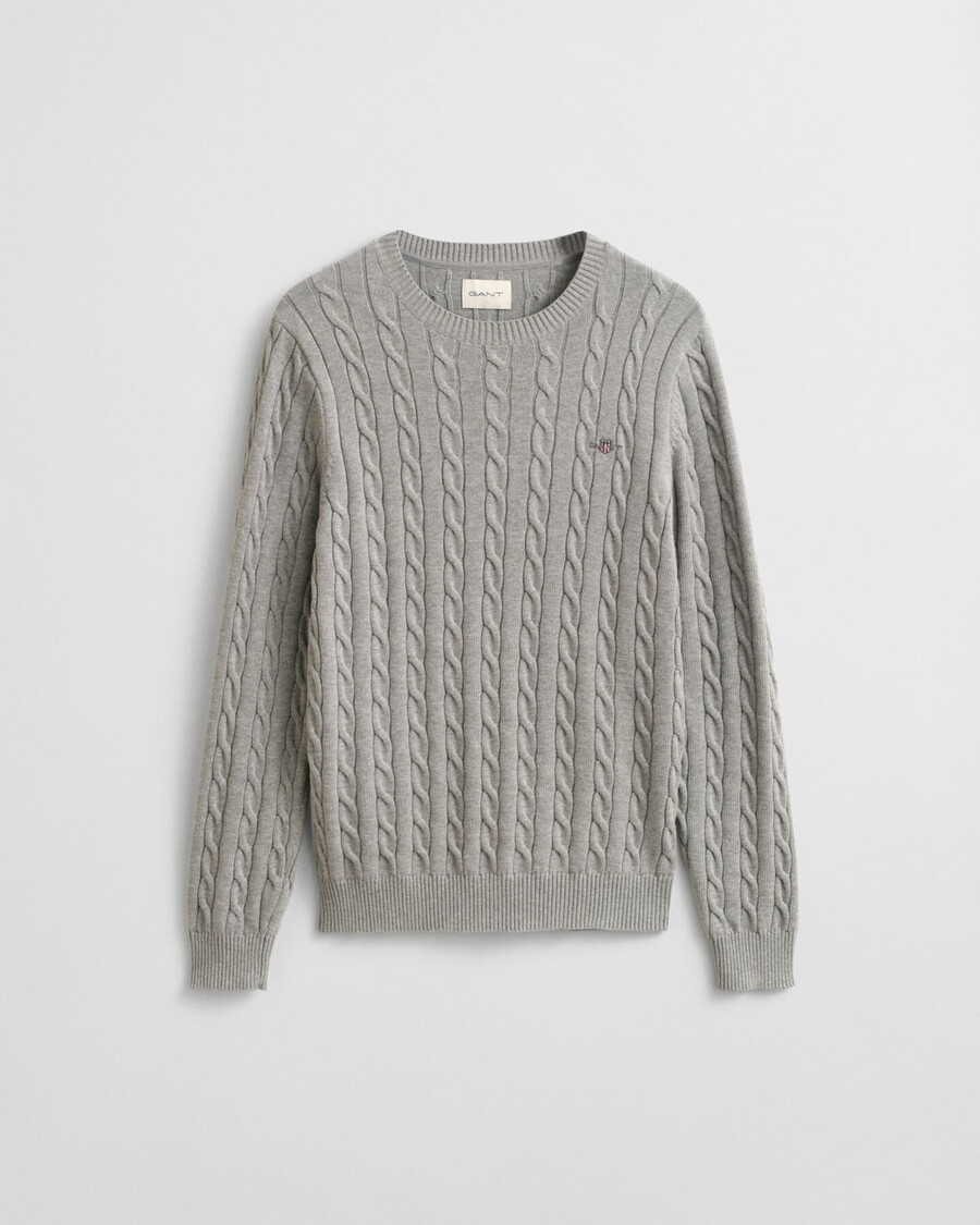 baumwoll-zopfstrickpullover mit rundhalsausschnitt – grau meliert