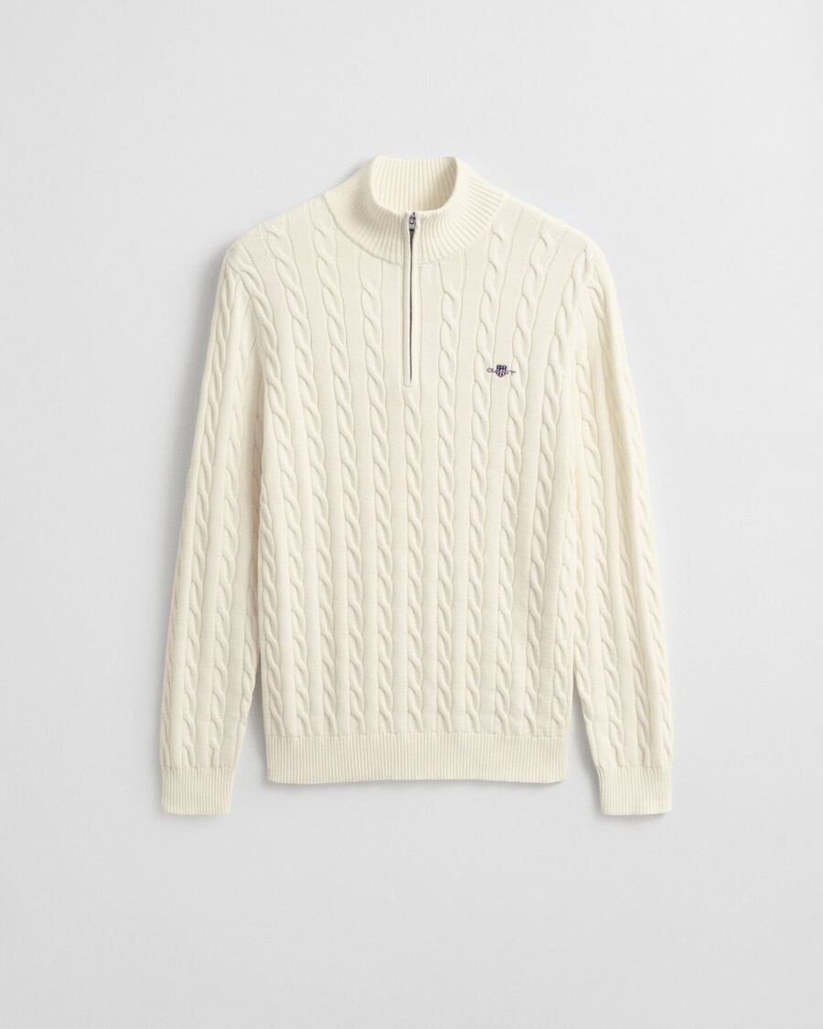baumwoll-zopfstrickpullover mit halbem reißverschluss – creme