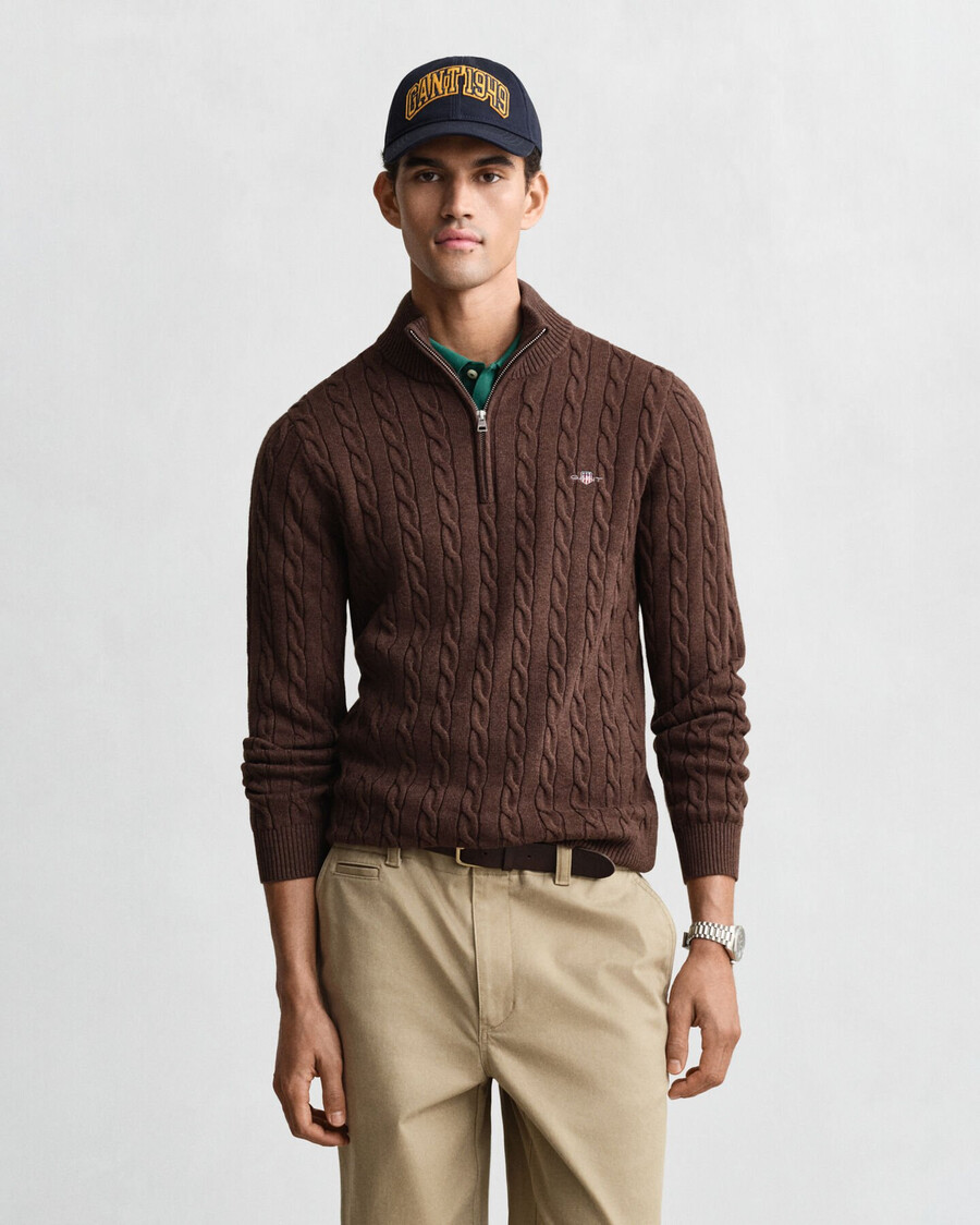 baumwoll-zopfstrickpullover mit halbem reißverschluss – braunmeliert