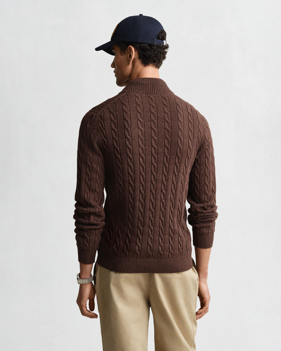 baumwoll-zopfstrickpullover mit halbem reißverschluss – braunmeliert
