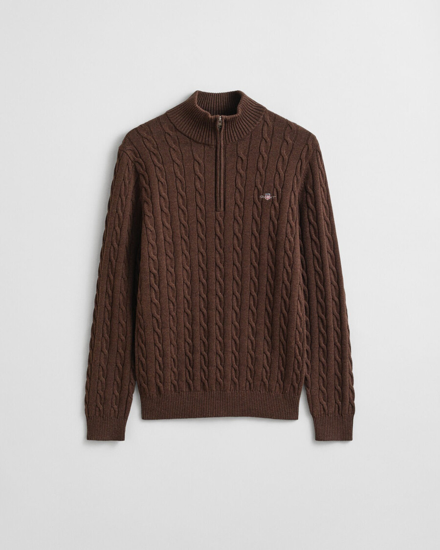 baumwoll-zopfstrickpullover mit halbem reißverschluss – braunmeliert