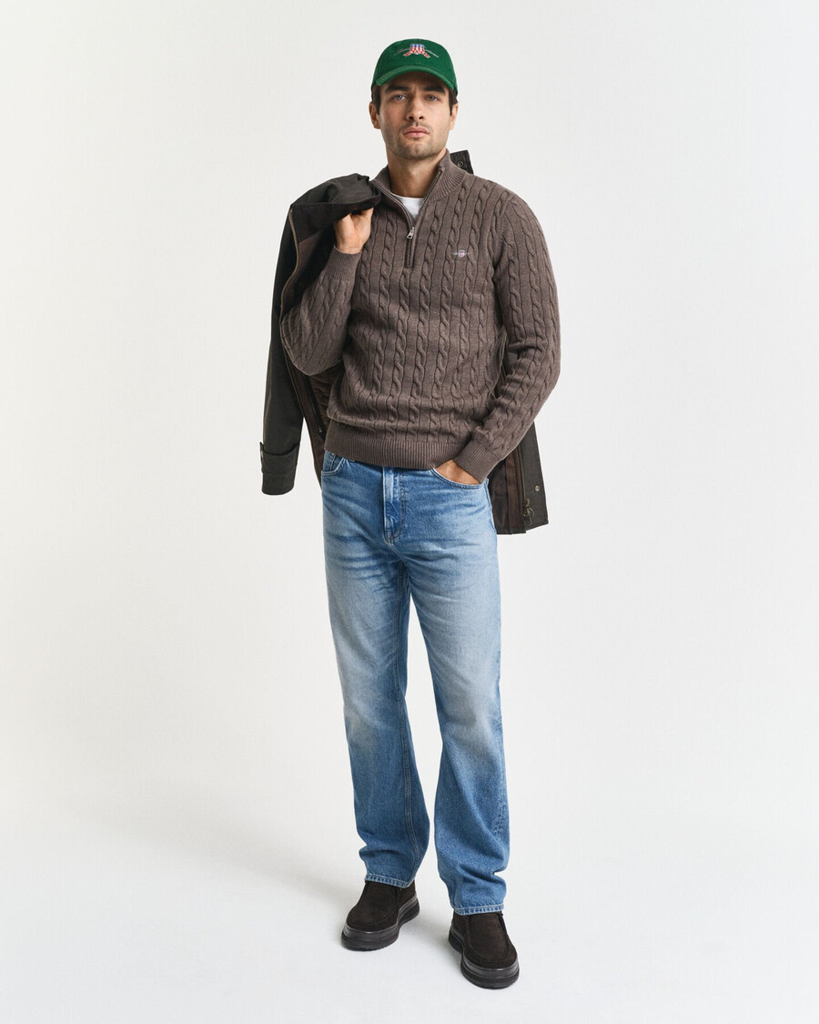 baumwoll-zopfstrickpullover mit halbem reißverschluss – seeholzmeliert