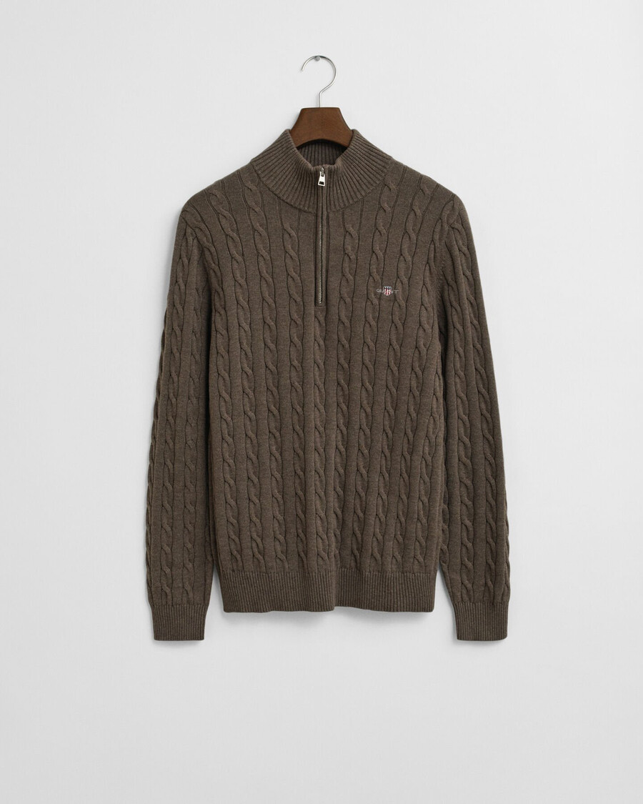 baumwoll-zopfstrickpullover mit halbem reißverschluss – seeholzmeliert