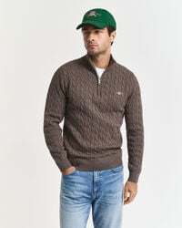 baumwoll-zopfstrickpullover mit halbem reißverschluss – seeholzmeliert