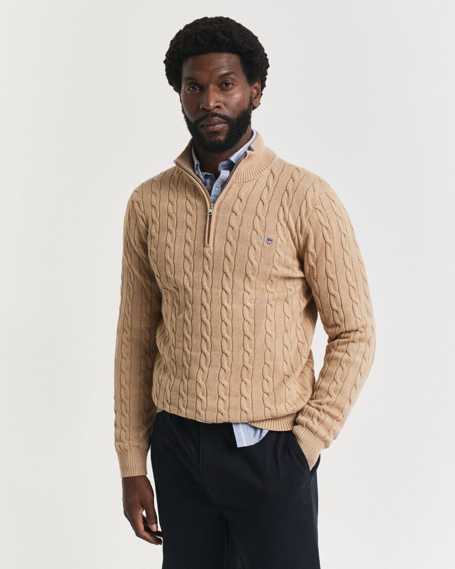 baumwoll-zopfstrickpullover mit halbem reißverschluss – khaki-melange