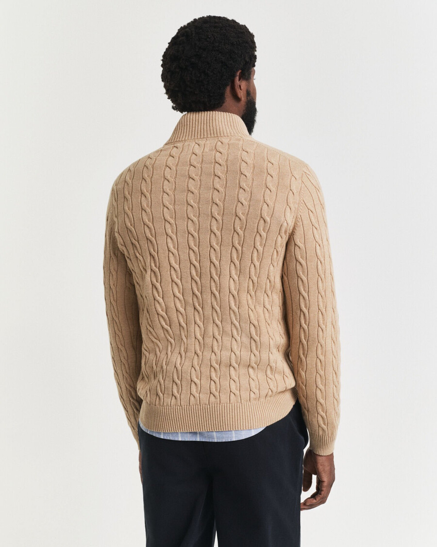 baumwoll-zopfstrickpullover mit halbem reißverschluss – khaki-melange