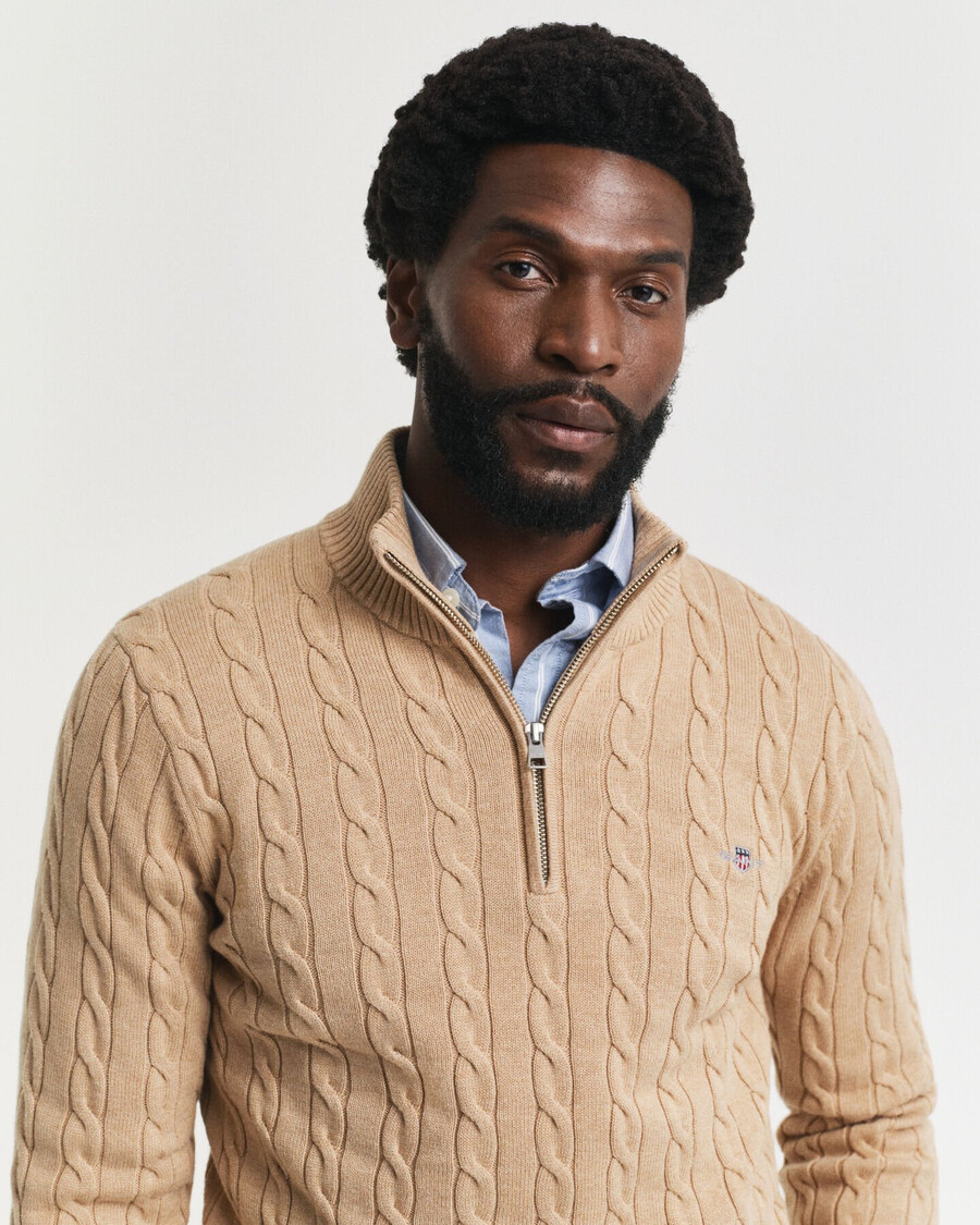 baumwoll-zopfstrickpullover mit halbem reißverschluss – khaki-melange
