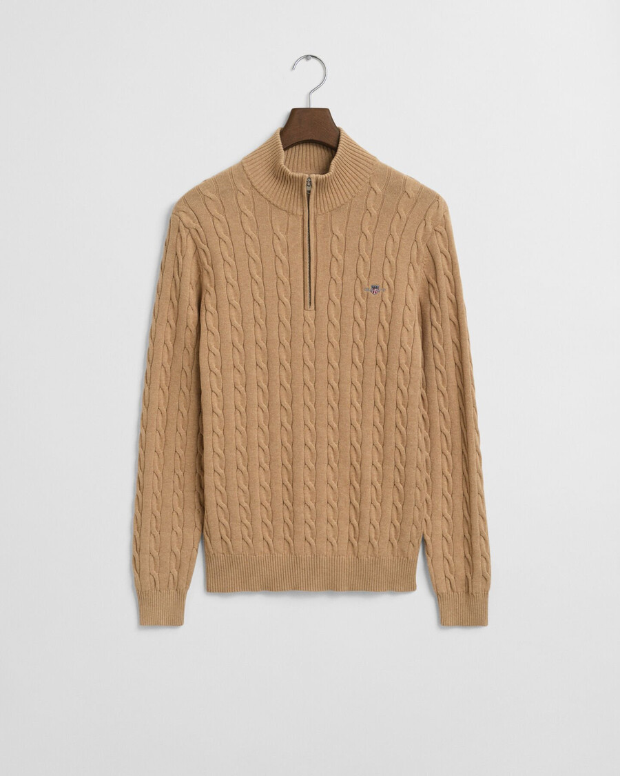 baumwoll-zopfstrickpullover mit halbem reißverschluss – khaki-melange