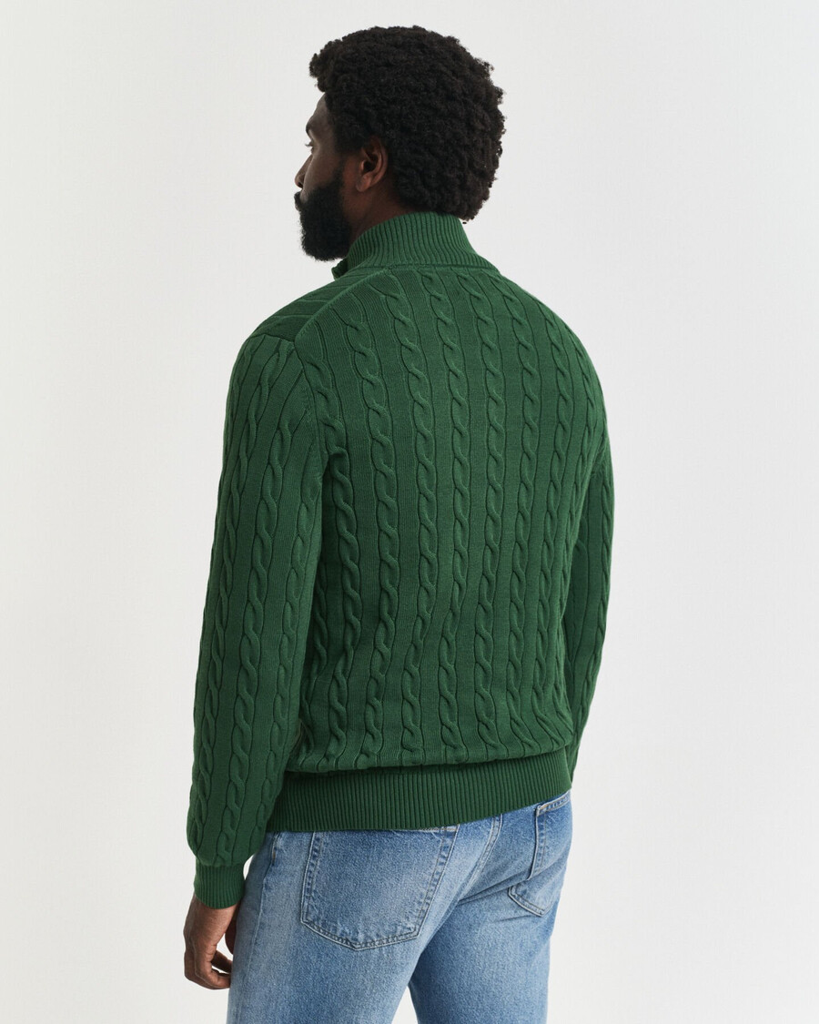 baumwoll-zopfstrickpullover mit halbem reißverschluss – waldgrün