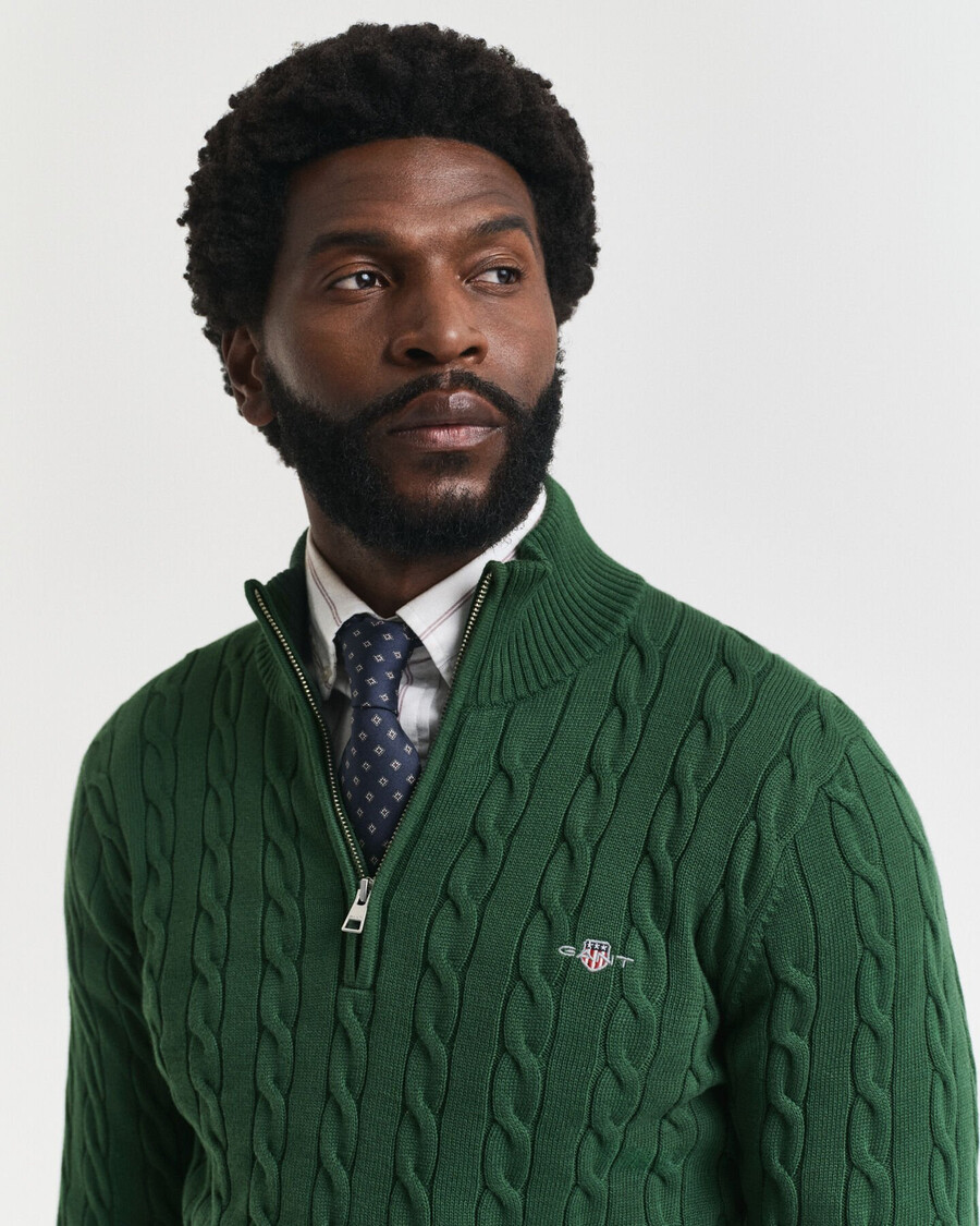 baumwoll-zopfstrickpullover mit halbem reißverschluss – waldgrün