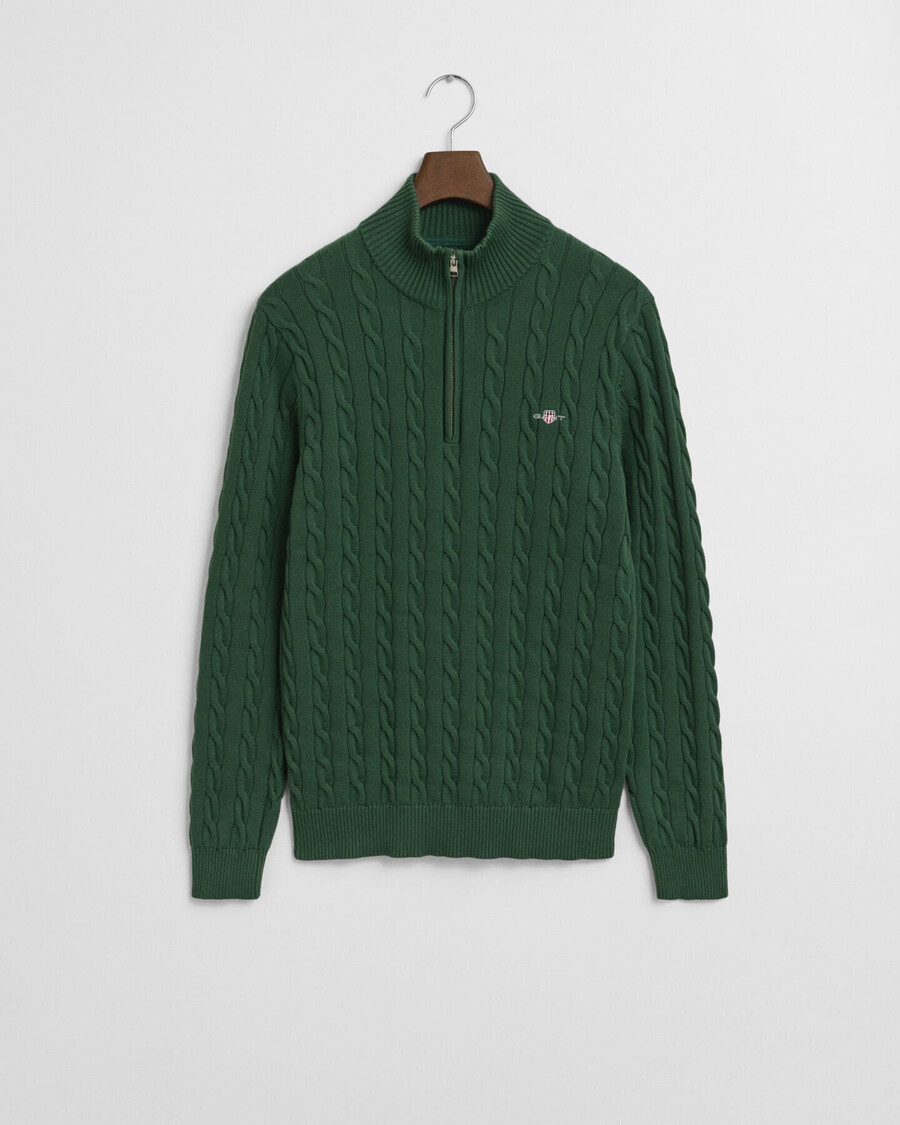 baumwoll-zopfstrickpullover mit halbem reißverschluss – waldgrün