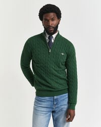 baumwoll-zopfstrickpullover mit halbem reißverschluss – waldgrün