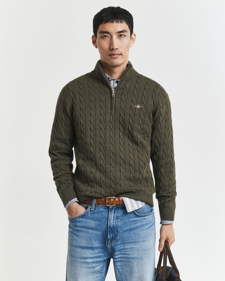 baumwoll-zopfstrickpullover mit halbem reißverschluss – khaki-grün meliert