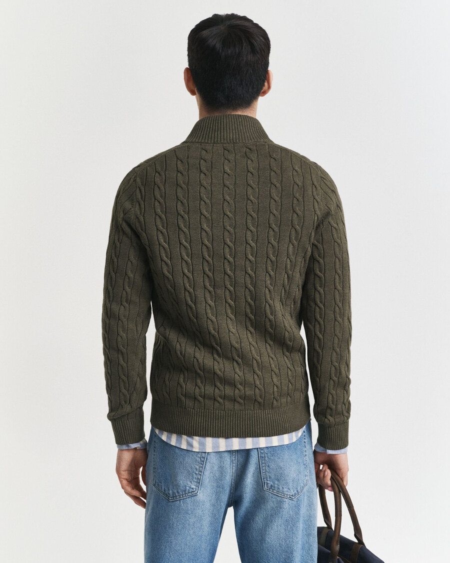 baumwoll-zopfstrickpullover mit halbem reißverschluss – khaki-grün meliert