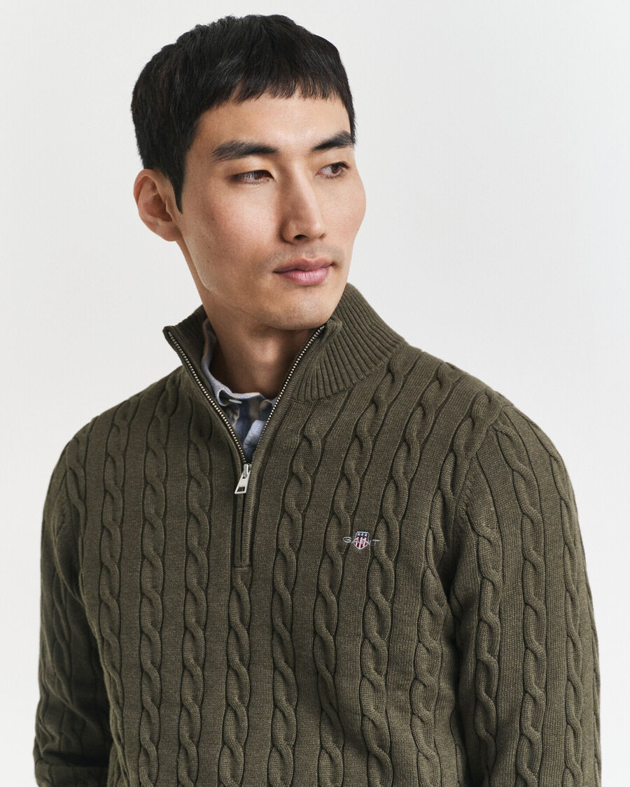 baumwoll-zopfstrickpullover mit halbem reißverschluss – khaki-grün meliert