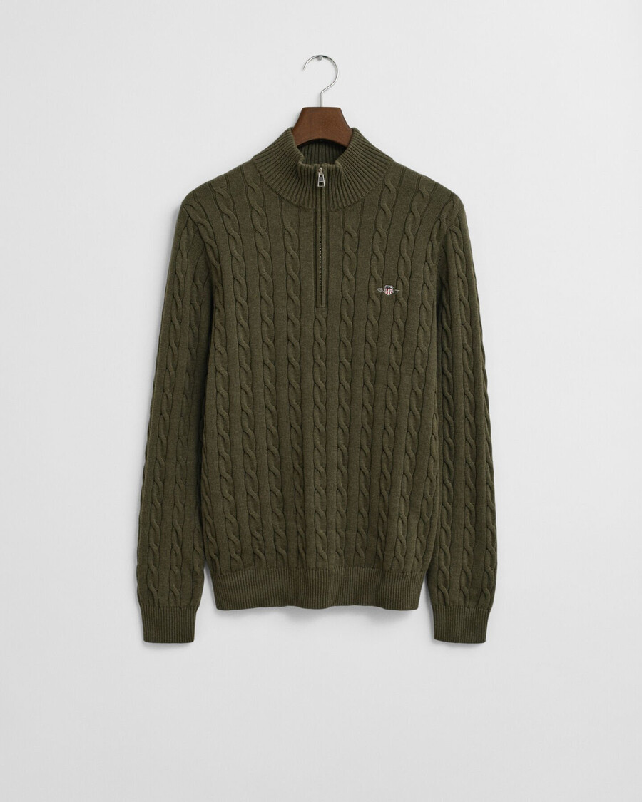 baumwoll-zopfstrickpullover mit halbem reißverschluss – khaki-grün meliert