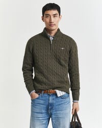 baumwoll-zopfstrickpullover mit halbem reißverschluss – khaki-grün meliert