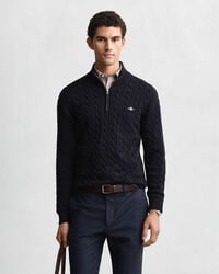 zopfmuster-pullover aus baumwolle mit halbem reißverschluss – abendblau