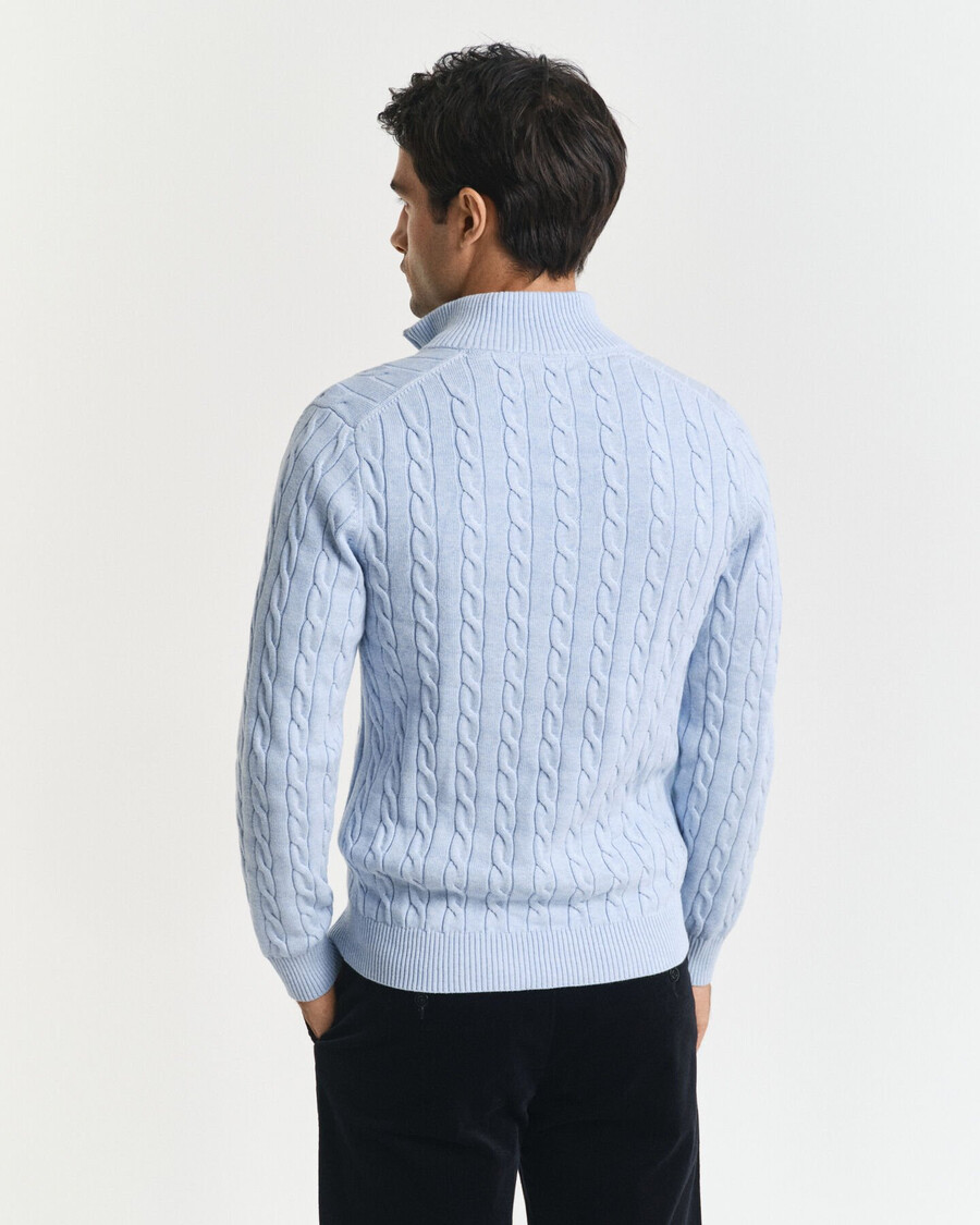 baumwoll-zopfstrickpullover mit halbem reißverschluss – eisblau meliert