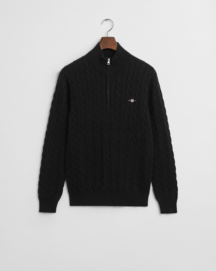 schwarzer baumwoll-pullover mit zopfmuster und halbem reißverschluss