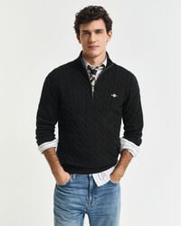 schwarzer baumwoll-pullover mit zopfmuster und halbem reißverschluss
